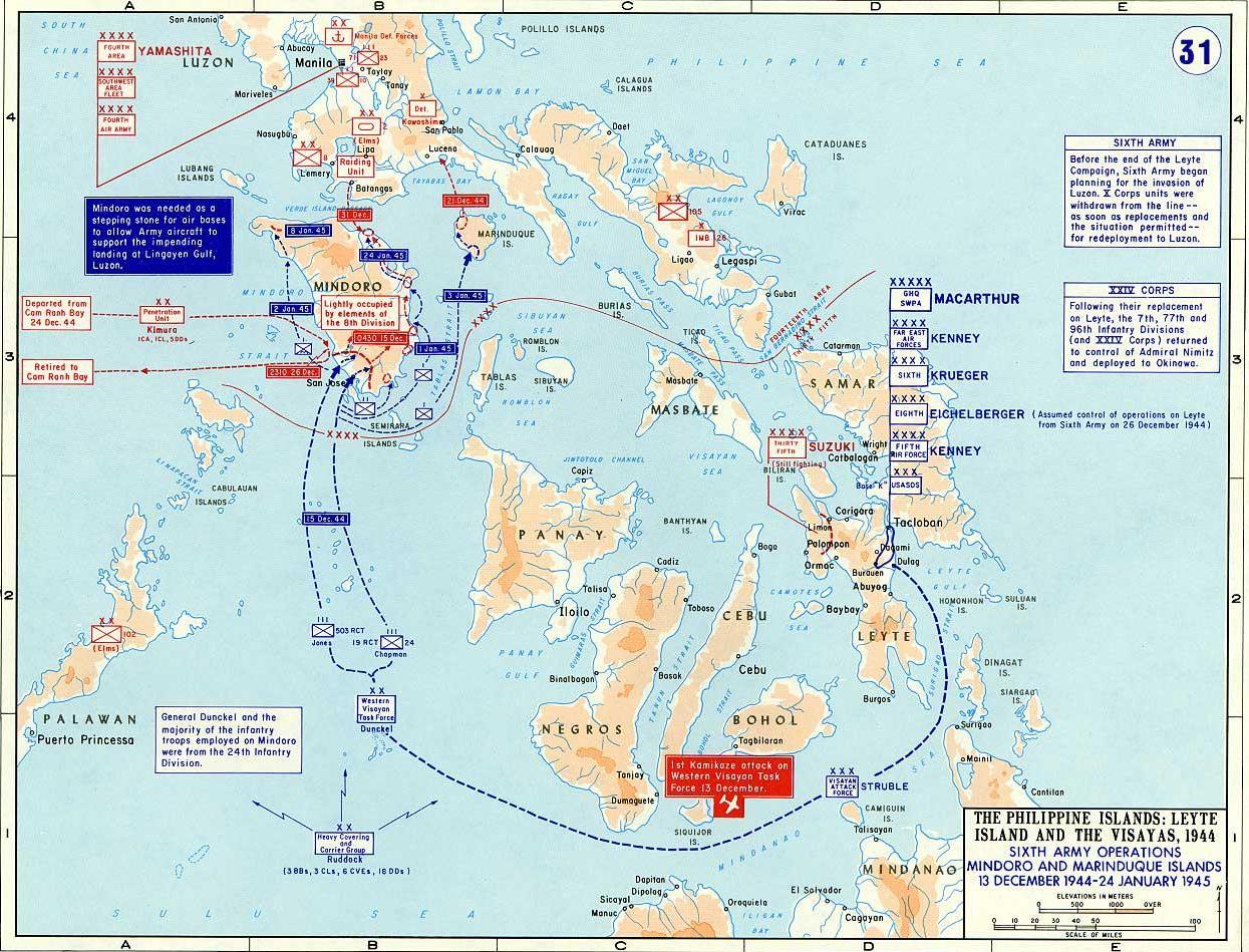 Map depicting the campaign in the Philippine Islands, 13 Dec 1944-24 Jan 1945