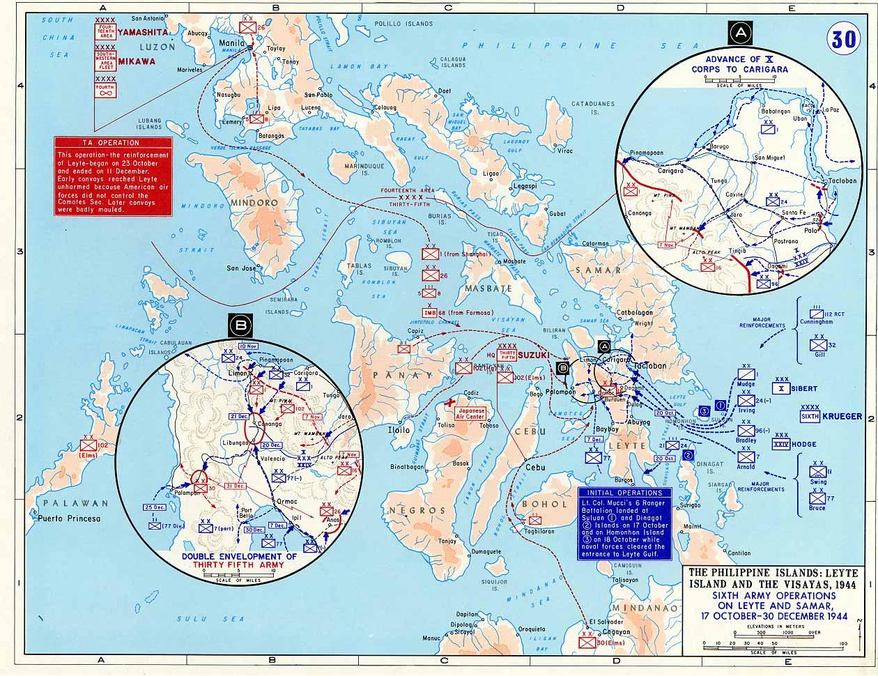Map depicting US 6th Army operations at Leyte and Samar, Philippine Islands, 17 Oct-30 Dec 1944
