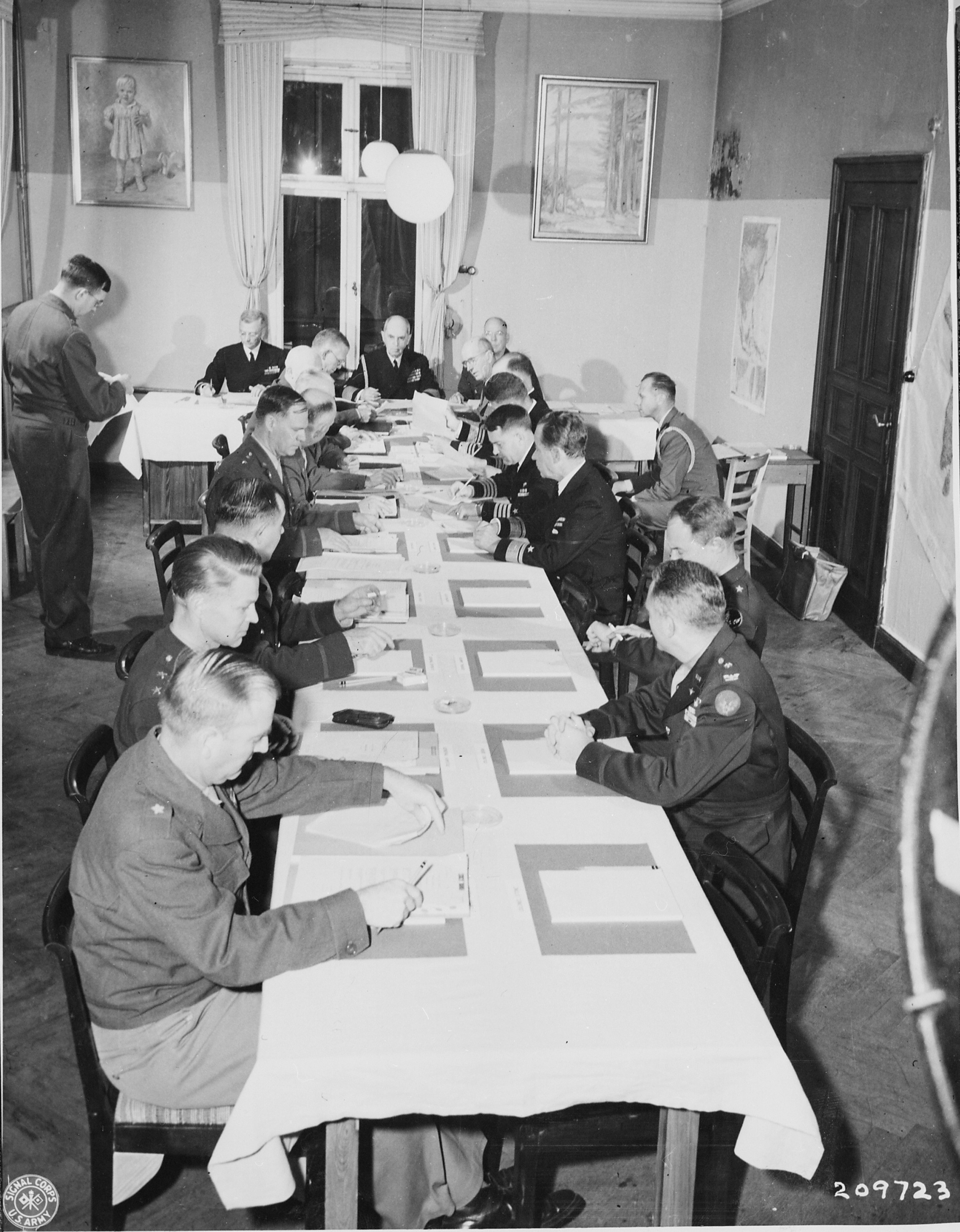 William Leahy presiding over a US staff meeting during the Potsdam Conference, Germany, 23 Jul 1945