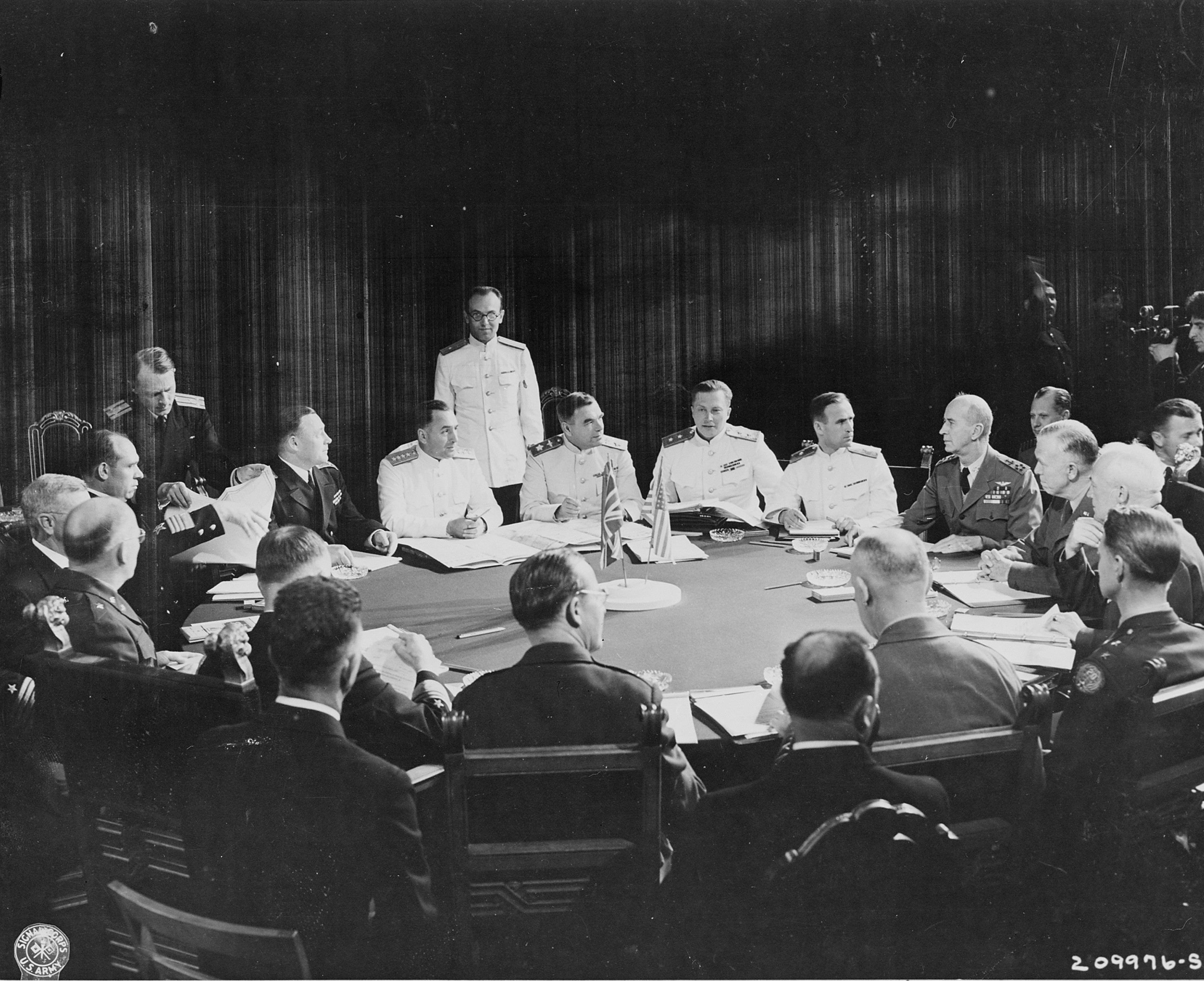 General Alexei Antenoff, General George Marshall, General Henry Arnold, Admiral Ernest King, and other Allied officers meeting during the Potsdam Conference, Germany, 27 Jul 1945, photo 1 of 2
