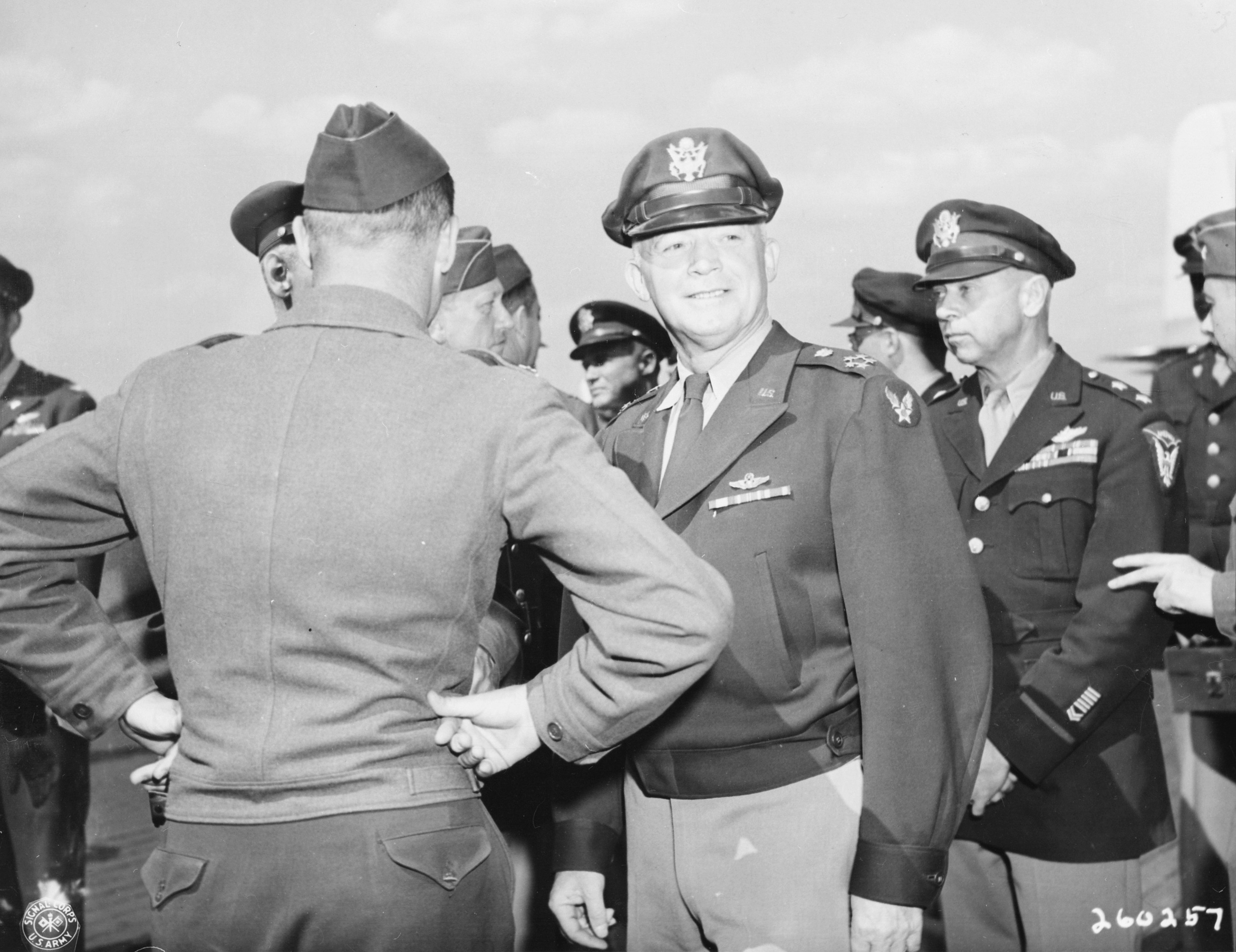 General Henry Arnold and his son Lieutenant Colonel Henry Arnold at Berlin-Gatow airfield, Germany, 15 Jul 1945
