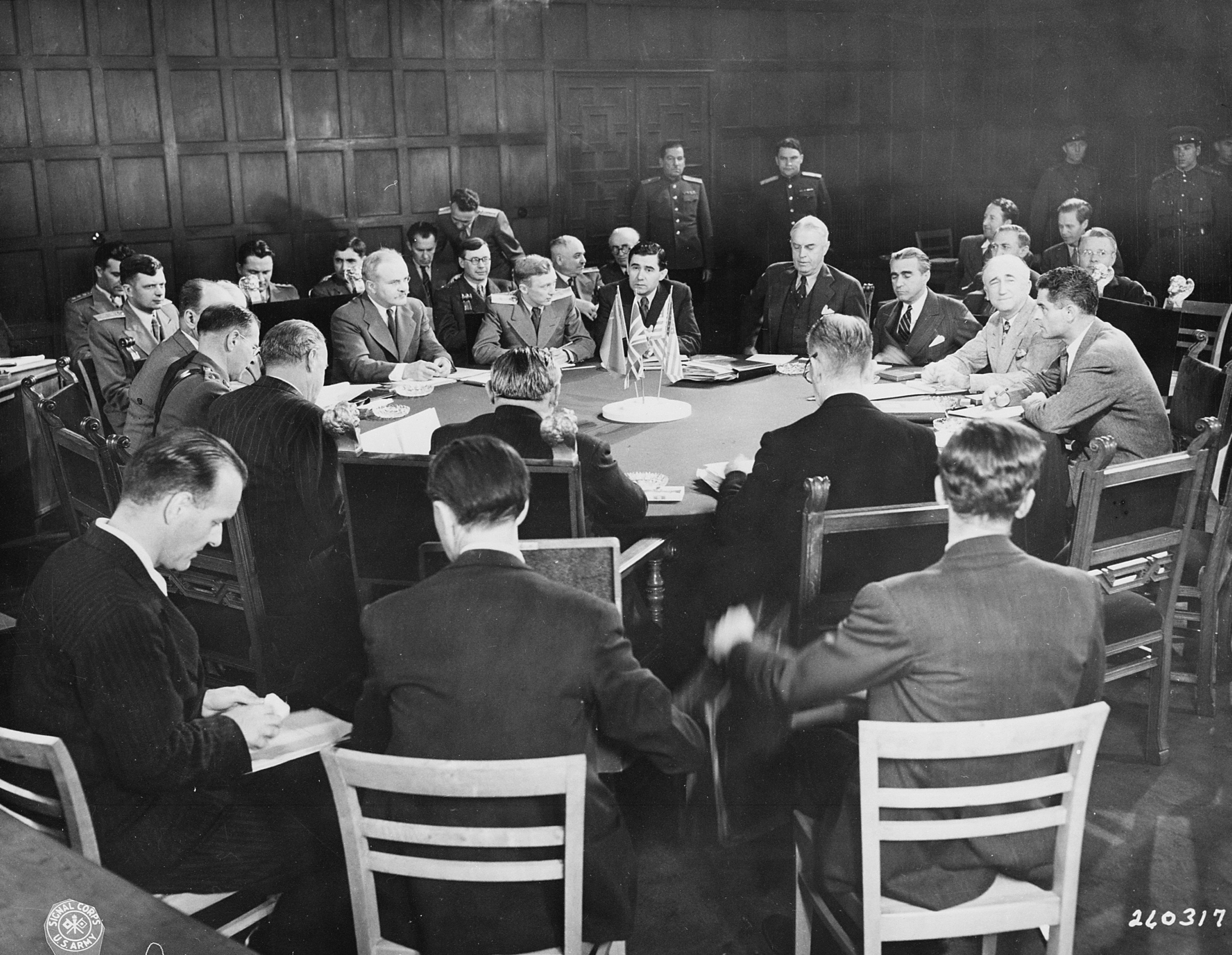 Meeting of Allied foreign ministers, Schloss Cecilienhof, Potsdam, Germany, 24 Jul 1945, photo 3 of 3; note James Byrnes of US, Anthony Eden of UK, and Vyacheslav Molotov of USSR