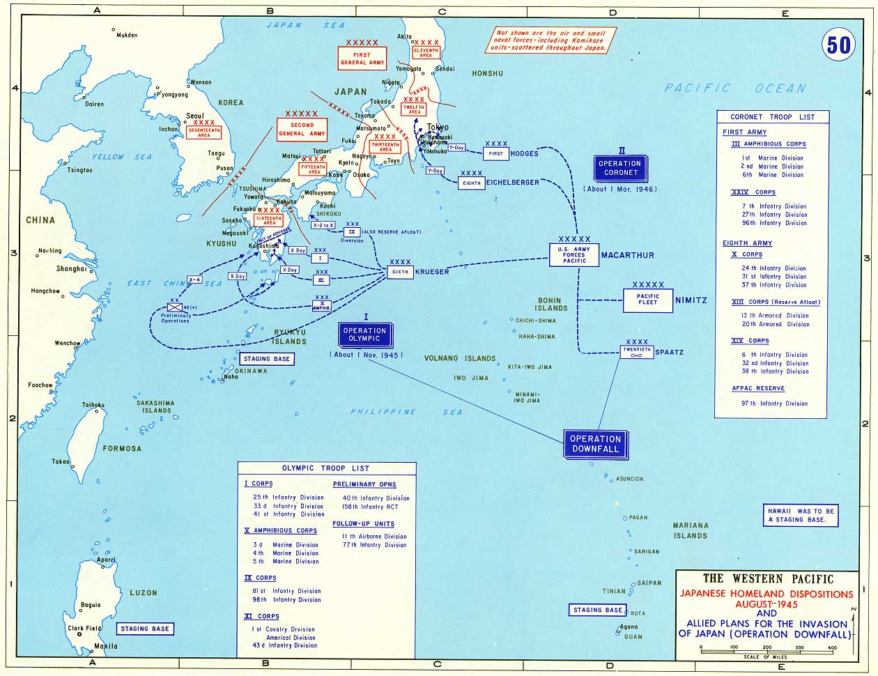Map depicting the proposed invasion routes of Operation Downfall; Japanese defensive positions were as of Aug 1945