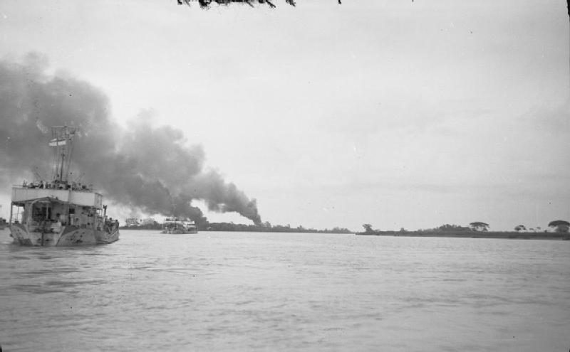River vessels carrying troops of Indian 15th Corps on the Rangoon River, Burma, circa May 1945