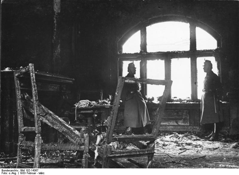 Charred ruins of the Reichstag building, Berlin, Germany, late Feb or early Mar 1933