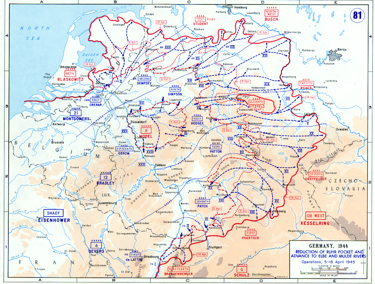 Map depicting Allied campaign in the Ruhr, Elbe, and Mulde regions, 5-18 Apr 1945