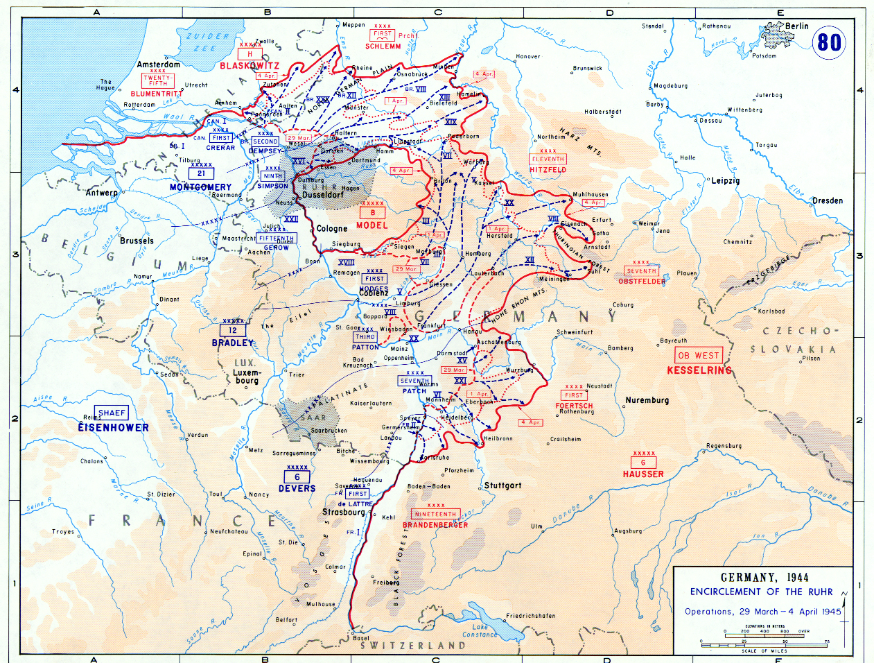 Map depicting the Allied encirclement of the Ruhr region, 29 Mar-4 Apr 1945