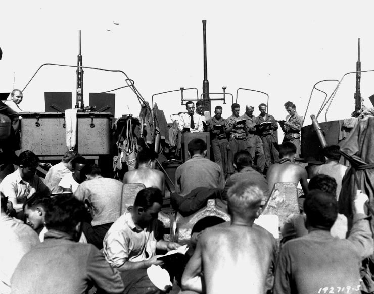 Church services for men of the US 3rd Division on the forecastle of LST-4, en route to the Southern France landings, 13 Aug 1944