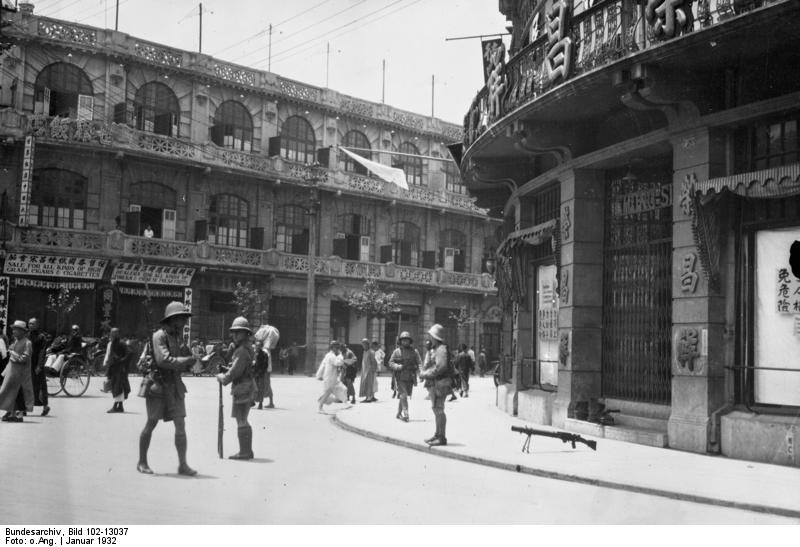 British troops in the Shanghai International Settlement during the First Battle of Shanghai, China, 1932