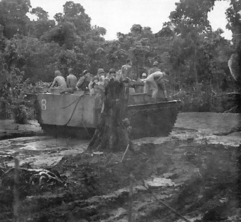 US Army LVT vehicle in mud, Cape Gloucester, New Britain, circa late 1943