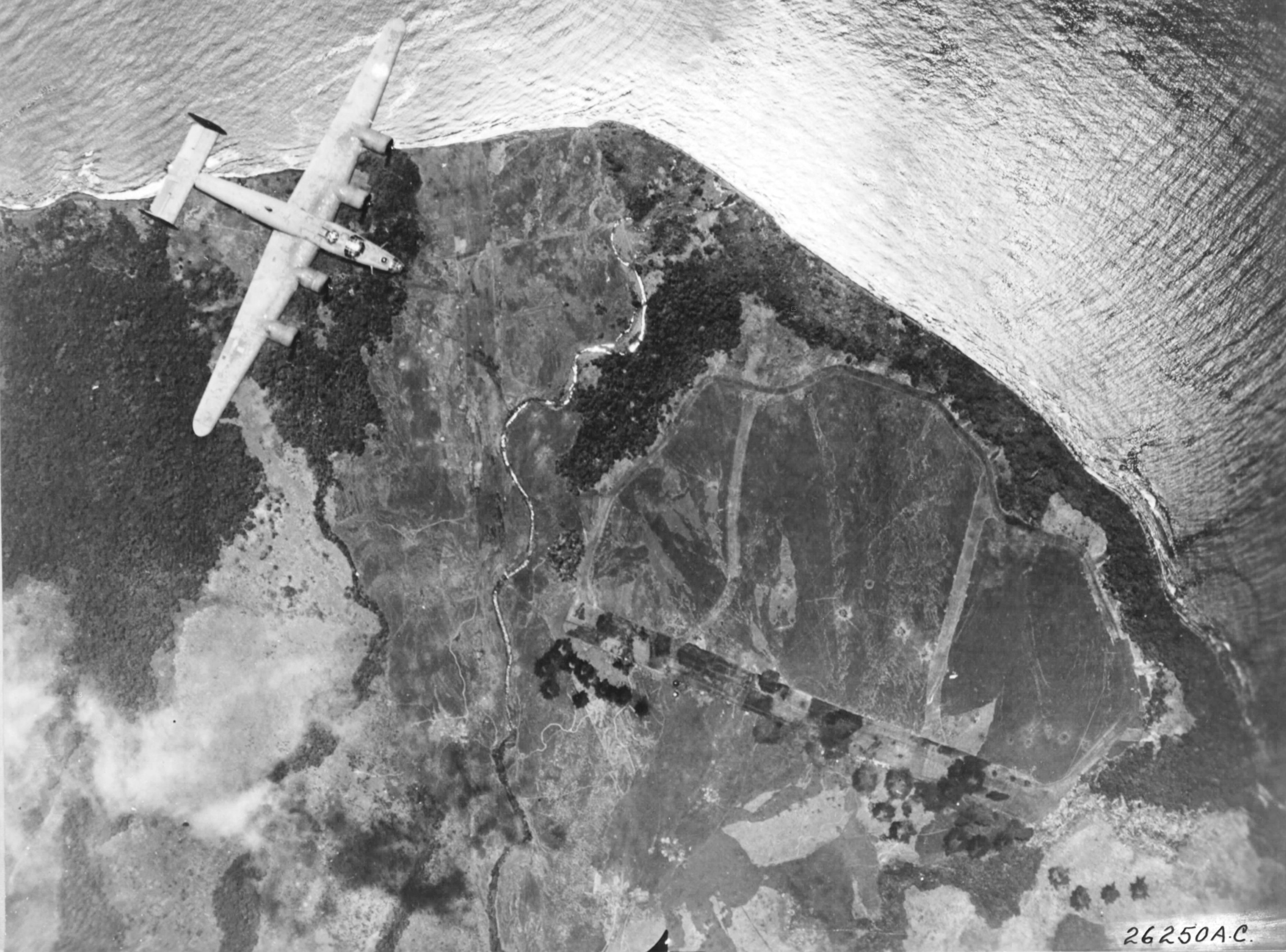 B-24 Liberator bomber raiding the Japanese airfields at Cape Gloucester, New Britain in preparation of the American invasion, Oct 1943
