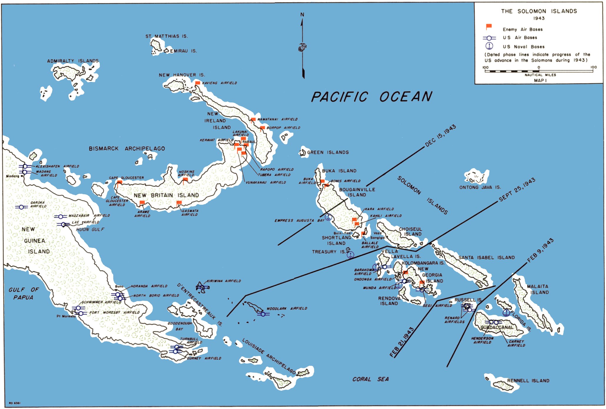 Map noting the Solomon Islands situation in 1943