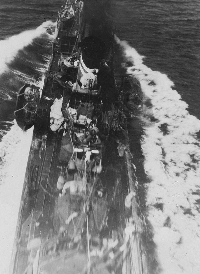 Aerial view of a Japanese ship from a low-flying B-25 bomber of 90th Squadron of USAAF 3rd Bomb Group during Battle of Bismarck Sea, 2-4 Mar 1943