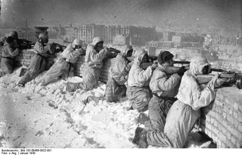 Russian soldiers firing from a rooftop in Stalingrad, Russia, 2 Feb 1943