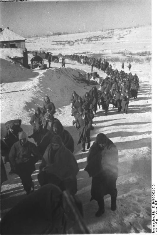 A column of German soldiers on the march to a Russian prisoners of war camp, Stalingrad, Russia, Feb 1943