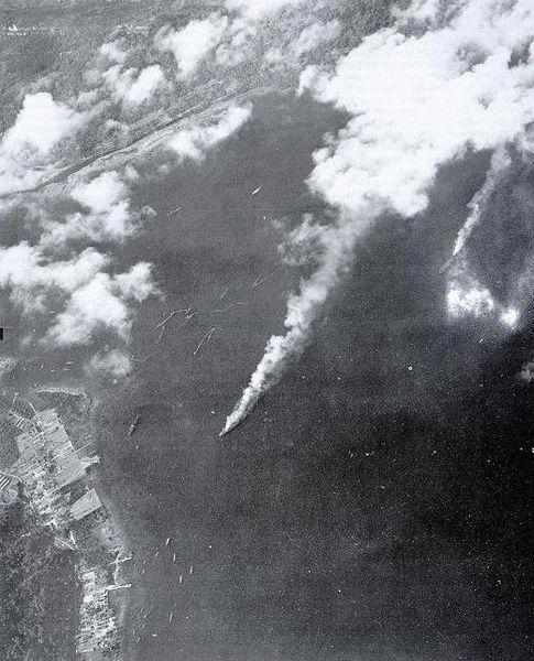 Submarine tender Heian Maru burning during Truk attack, 17 Feb 1944