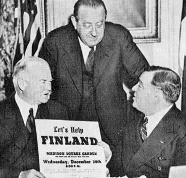 Former US President Herbert Hoover, Dr. van Loon, and Mayor Fiorello LaGuardia raising funds for Finland for the Winter War, New York, New York, United States, 20 Dec 1939