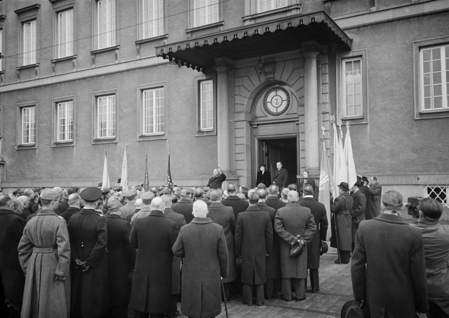 Finnish civilians protesting in front of the Swedish embassy in Helsinki, Finland, demanding official assistance in the Winter War, Dec 1939