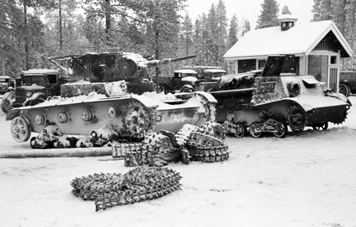 Wrecked Soviet T-26 tank and T-20 Komsomolets tractor, Finland, 1939-1940