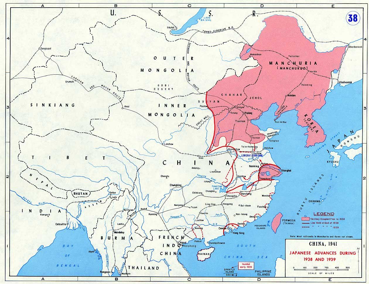 Map marking major Japanese campaigns in China in 1938 and 1939