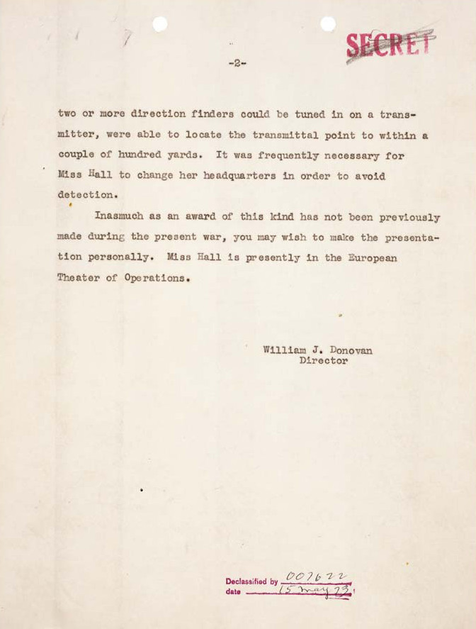 William Donovan's memorandum to Harry Truman regarding Virginia Hall, 12 May 1945, page 2 of 2