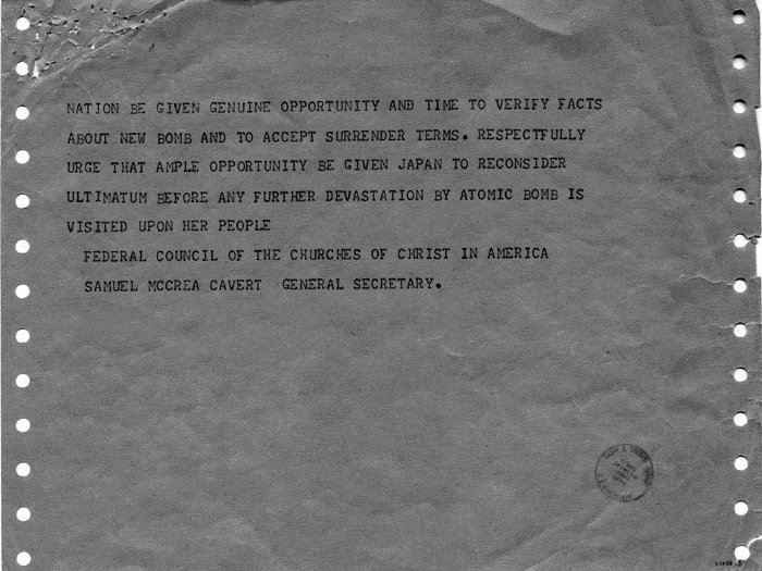 Telegram from Samuel Cavert to Harry Truman regarding the use of atomic bombs on Japan, 9 Aug 1945, 2 of 2