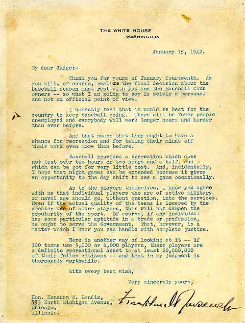 Letter from Roosevelt to Landis regarding professional baseball in the United States during WW2, 15 Jan 1942