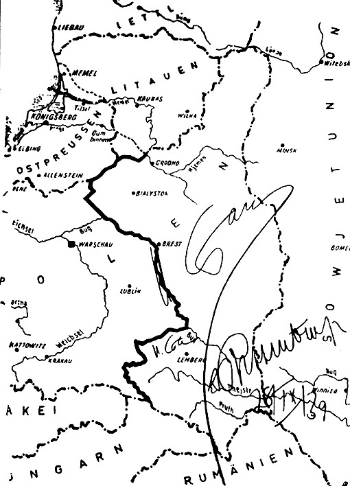 Map attached to the German-Soviet Treaty of Friendship, Cooperation and Demarcation of 28 Sep 1939; note signatures of Joseph Stalin and Joachim von Ribbentro