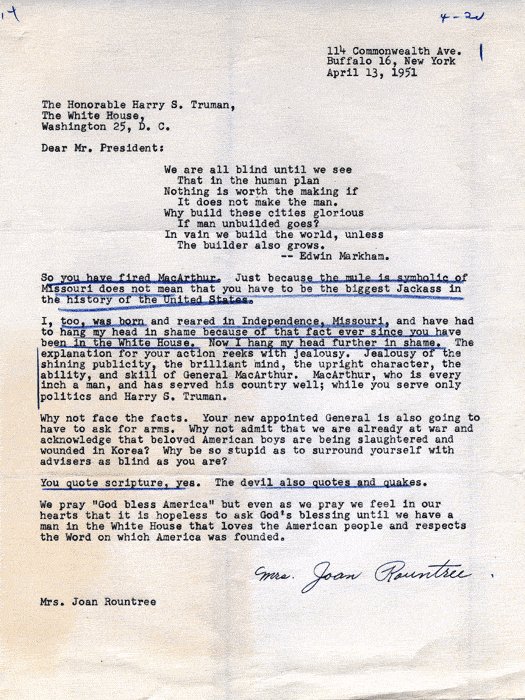 Letter from Joan Rountree to Harry Truman protesting the removal of Douglas MacArthur, 13 Apr 1951