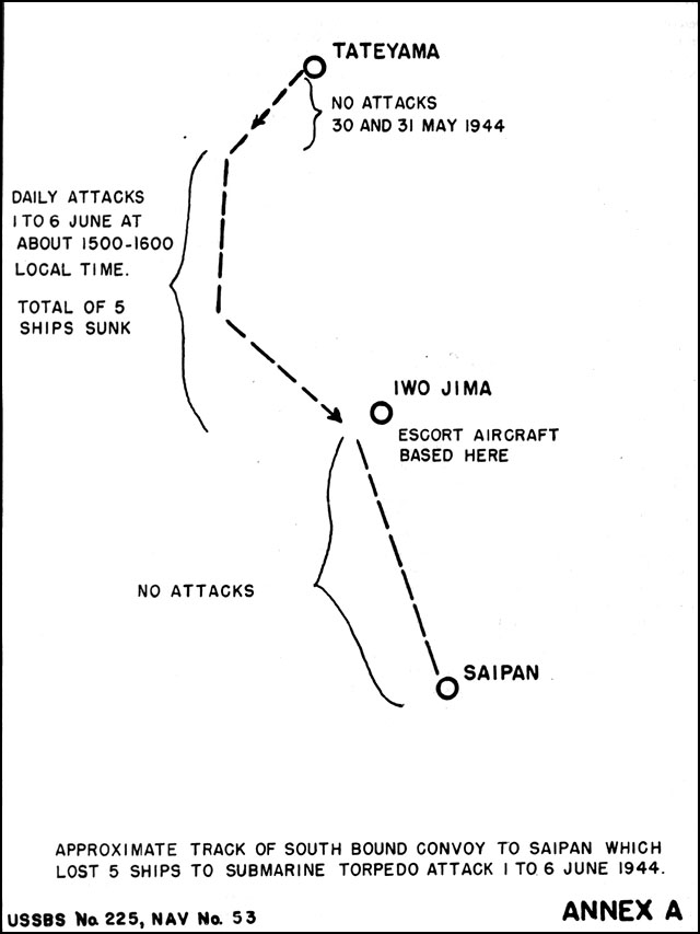 Approximate path of Japanese convoy toward Saipan, Mariana Islands which was attacked by American submarines on 6 Jun 1944; appendix A of Commander Tadao Kuwahara's interrogation