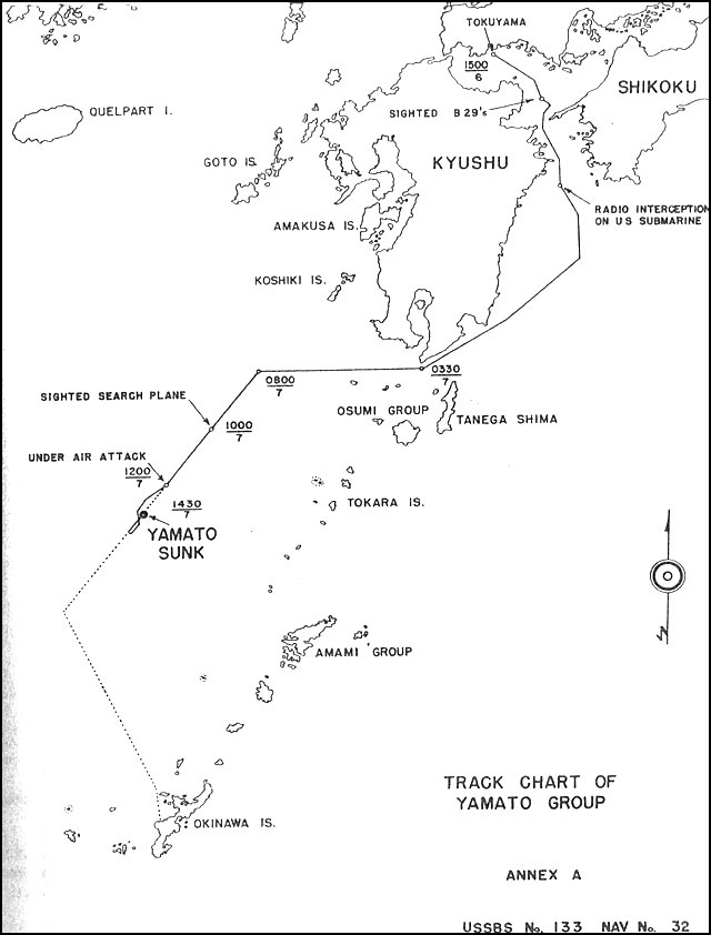 Track chart of Yamato group, Apr 1945, part of Commander Miyamoto's interrogation, 25 Oct 1945