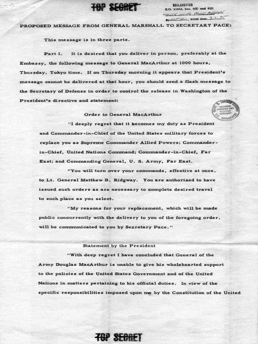 Truman's order to relieve MacArthur, 10 Apr 1951, page 1 of 6