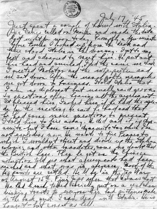 Harry Truman diary entry regarding meeting with Joseph Stalin, 17 Jul 1945