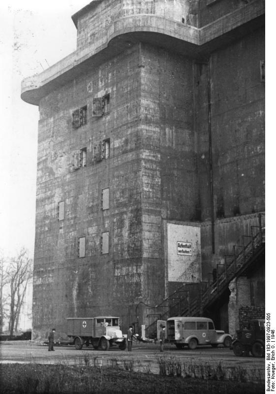 Main building of the Berlin Zoo Flak Tower, being used as a British-manned hospital, Berlin, Germany, 1946