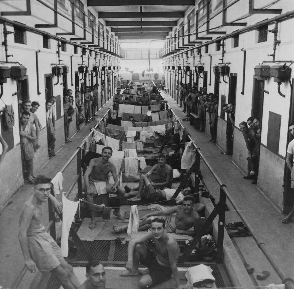 Recently liberated Allied prisoners of war temporarily housed in Changi Prison, Singapore, late 1945