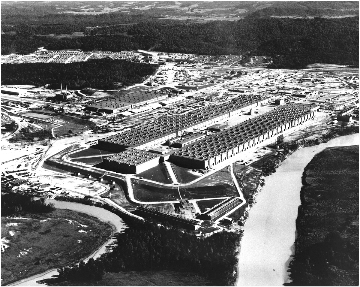 Aerial view of K-25 uranium enrichment plant, Oak Ridge, Tennessee, United States, date unknown