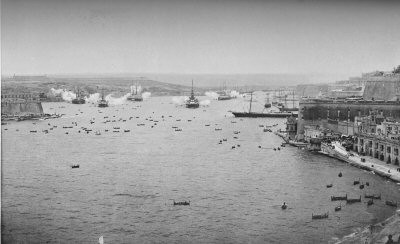HMS Ramillies, HMS Barfleur, and HMS Nile in Grand Harbour, Malta, 24 May 1896; the ships were firing salutes in honor of Queen Victoria's birthday