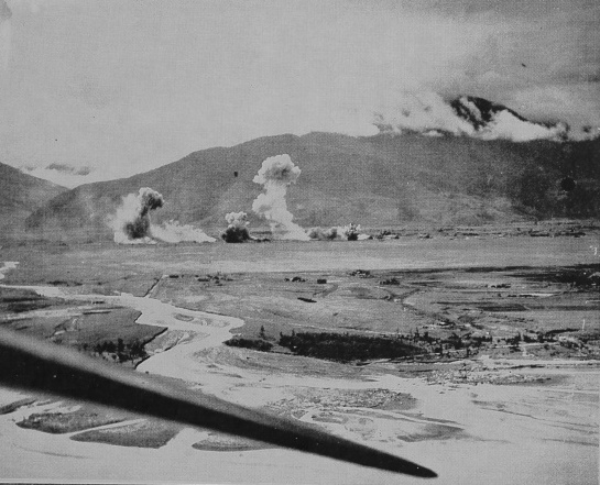 Karenko Airfield under attack by aircraft of USS Hancock, Taiwan, 12 Oct 1944, photo 1 of 2