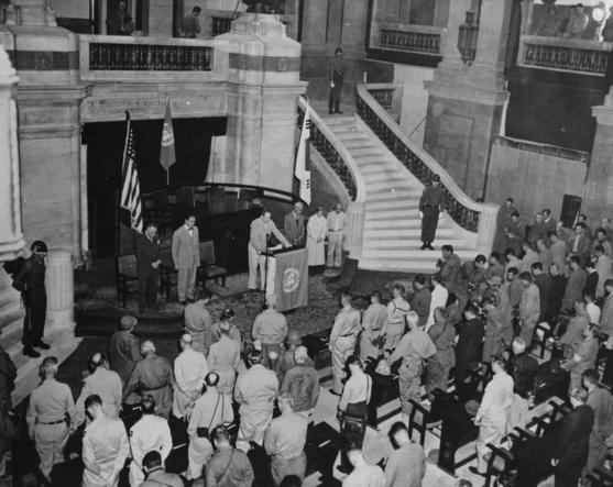Ceremony marking the return of Seoul to Republic of Korea control, General Government Building, Seoul, Korea, 29 Sep 1950, photo 3 of 3
