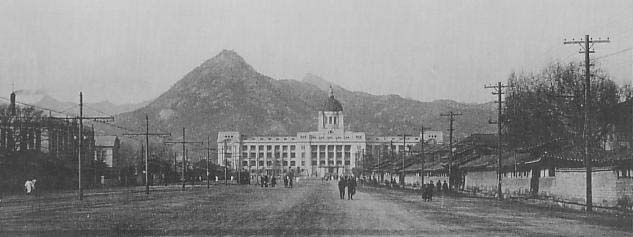 General Government Building as viewed on Kokamon-Dori (now Sejongno) road, Keijo (now Seoul), Korea, date unknown