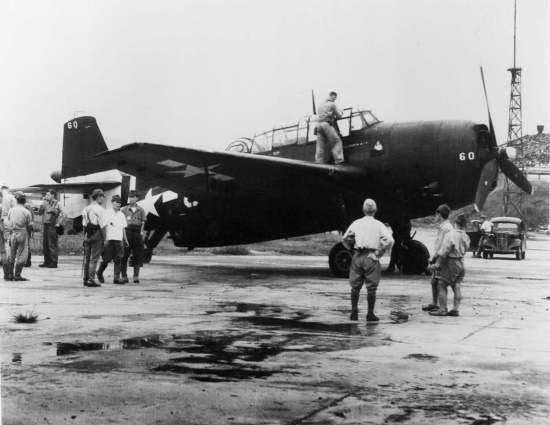 USMC Major Dick Johnson's TBM-3 Avenger aircraft at Matsuyama Airfield, Taiwan, 5 Sep 1945, photo 1 of 2; Johnson was the first US airman to arrive on Taiwan at the end of the war