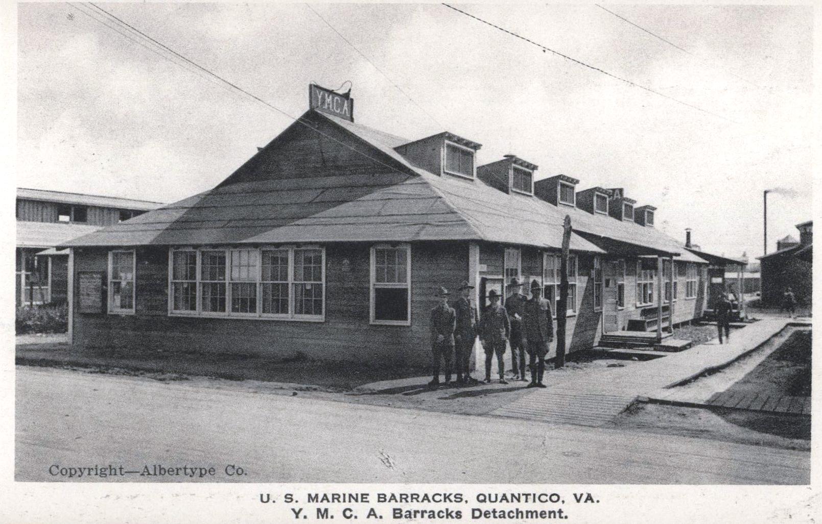 Post card featuring YMCA barracks building of US Marine Barracks, Quantico, Virginia, United States, circa 1918