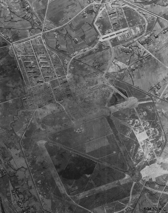 Aerial view of Shinchiku Airfield, northern Taiwan, post 17 Jan 1945 raid