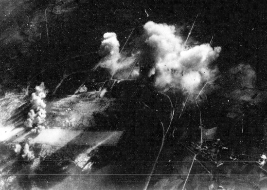 Taichu Airfield under attack by USS Ticonderoga carrier aircraft, Taichu (now Taichung), Taiwan, 3 Jan 1945, photo 3 of 3