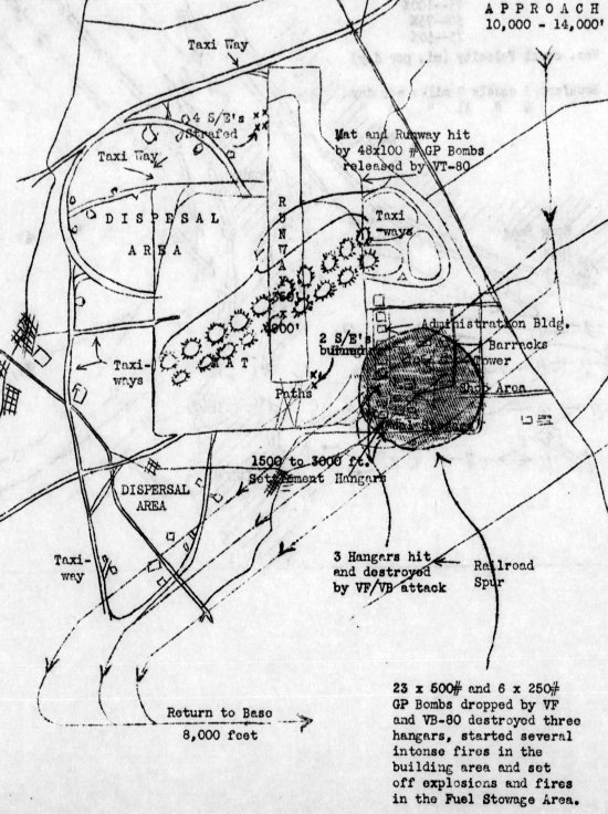 Post-mission map of the Air Group 80 of USS Ticonderoga 3 Jan 1945 attack on Taichu Airfield, central Taiwan