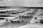 B-29 Superfortress bombers of the 462nd Bomb Group taxiing through West Field, Tinian, Mariana Islands, 1945.