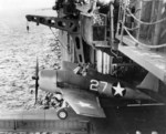 F6F-3 Hellcat of VF-1 being catapulted from the hangar deck catapult on the carrier Yorktown (Essex-class) off Trinidad, 3 Jun 1943.