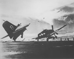 F6F-5F Hellcat of VF-23 loses its tail section upon landing aboard the carrier Princeton, 1943-44.