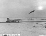 B-17G Fortress with the 327th Bomb Squadron taxis for take-off at snow covered RAF Podington, Bedfordshire, England, UK for a morning mission to Gymnich Airfield; Jan 10 1945
