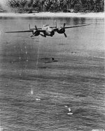 B-25 Mitchell bomber of the 405th Bomb Squadron “Green Dragons” employing the skip-bombing technique against enemy shipping, southwest Pacific, 1944-45.
